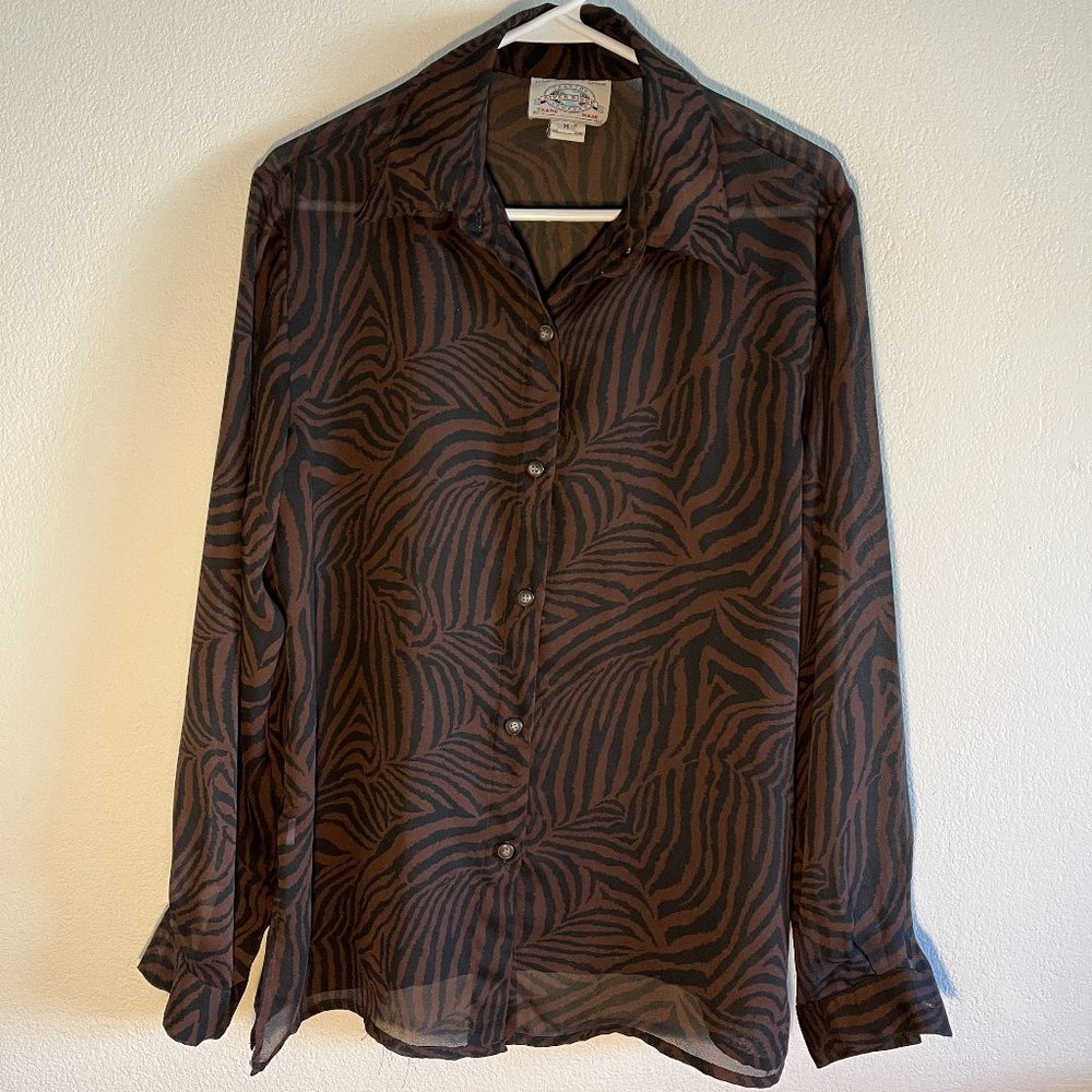 River Ridge Trading Co women's size M Blouse shirt brown black animal sheer poly
